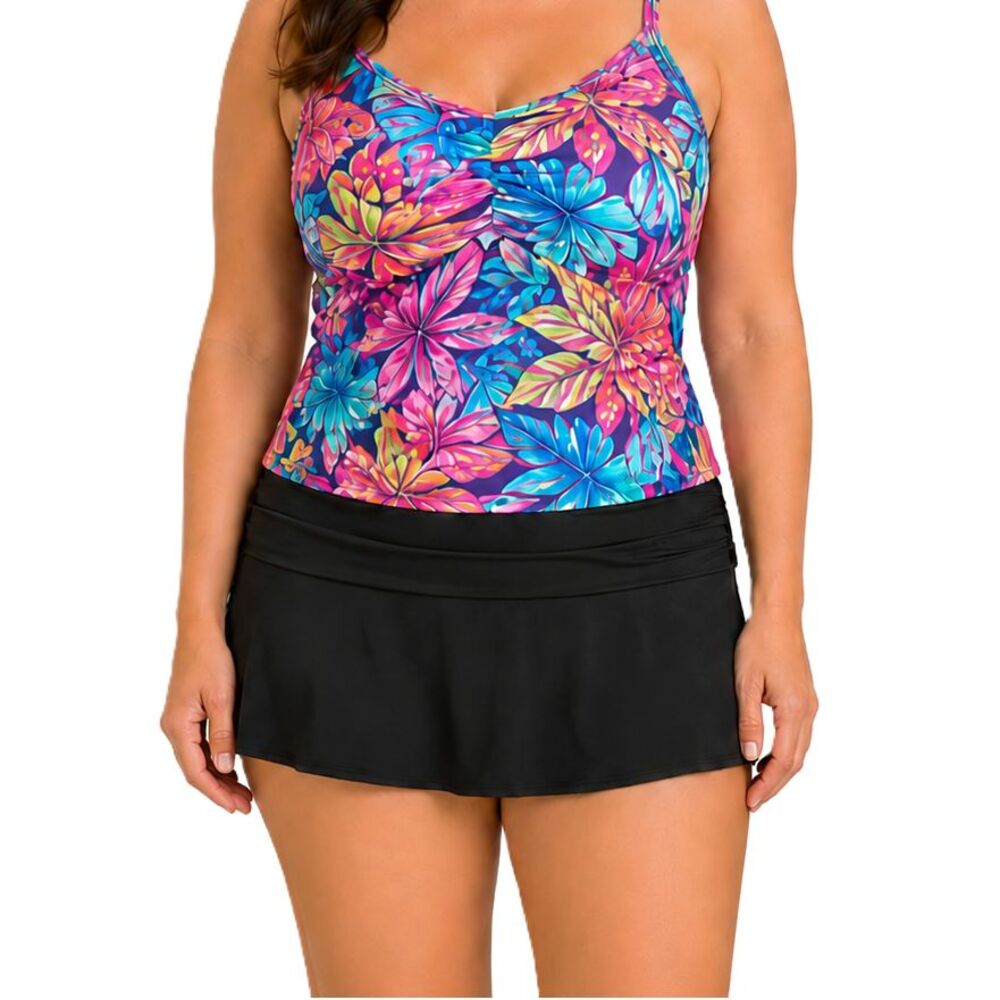 NEW Chaps Swim Skirt Skirtini Womens 16 Stretch Black Fold Over Lined Swimsuit